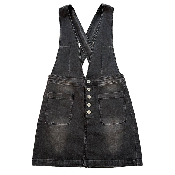 Karlie Black Denim Overall Mini Dress Size Small Distressed Button Cross Back - Picture 1 of 11